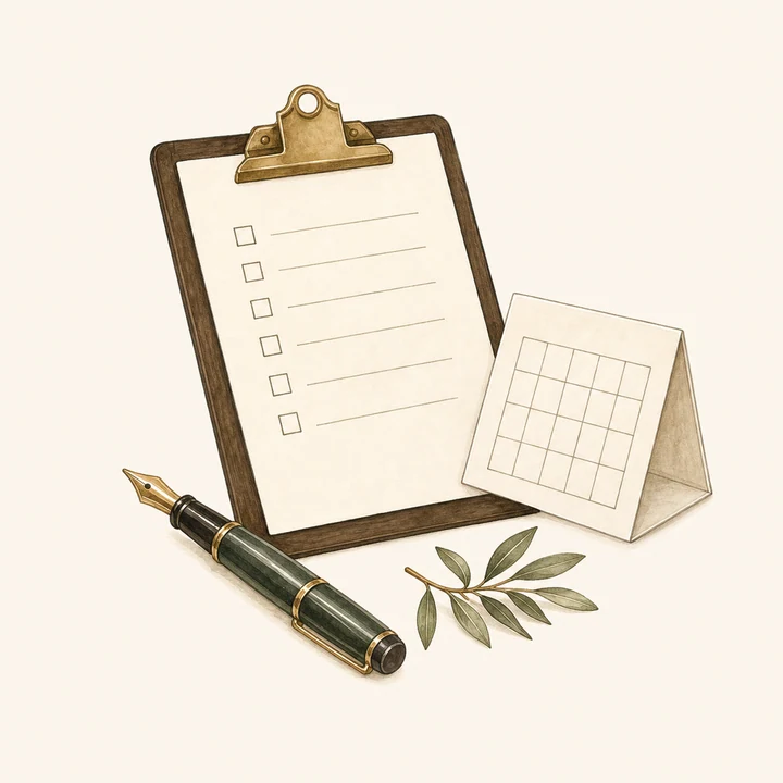 Tjekliste, kalender og pen